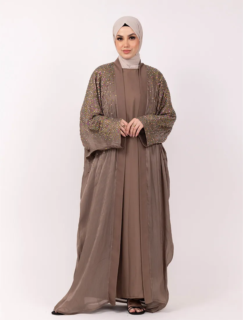 Mocha Multi Crystal Embellished Sheer Overlay Abaya